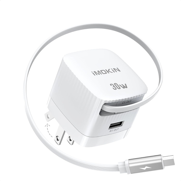 30W 2-Port USB-C Wall Charger With Built-in Retractable USB-C Cable