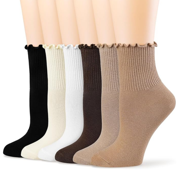 6-Pack Women's Turn-Cuff Casual Cute Ruffle Ankle Socks