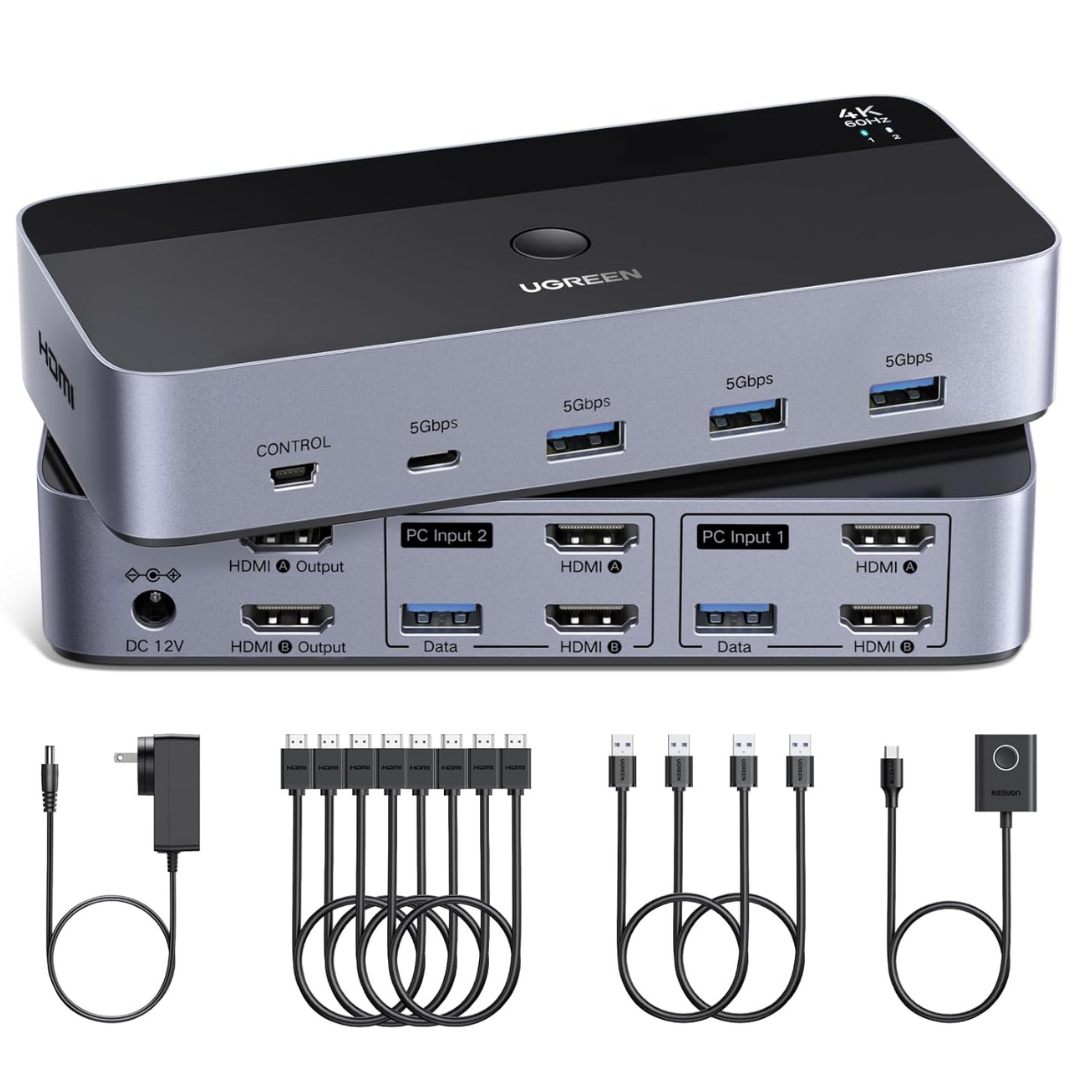 Ugreen HDMI KVM Switch 2 Monitors 2 Computers W/ 4 USB 3.0 Ports 4k 60Hz