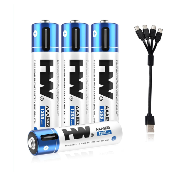 4-Pack HW 1300mWh Rechargeable AAA Lithium Batteries W/ Type-C Cable