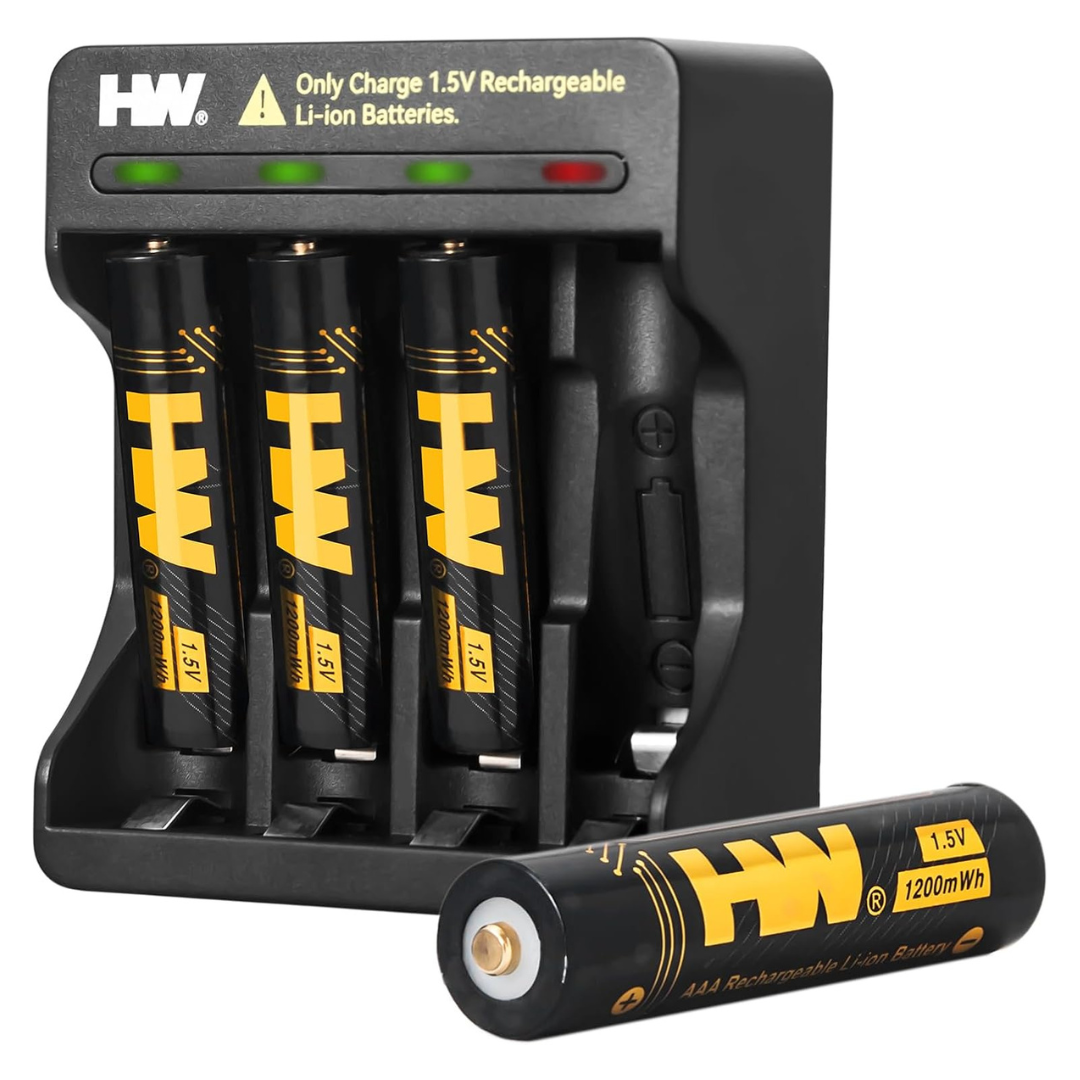 4-Pack HW 1.5V 1200mWh Triple A Lithium Ion Batteries W/ Charger