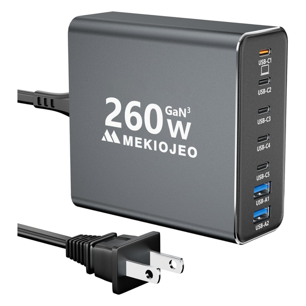 Mekiojeo 7-Port 260W USB-C GaN 3 Wall Charger Adapter
