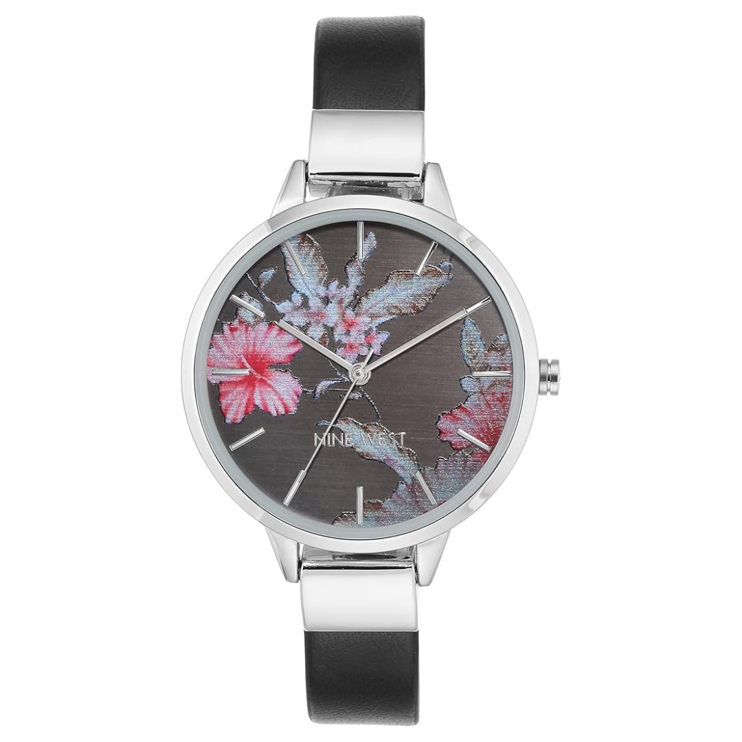 Nine West Women's Elegant Silver-Tone and Black Strap Watch