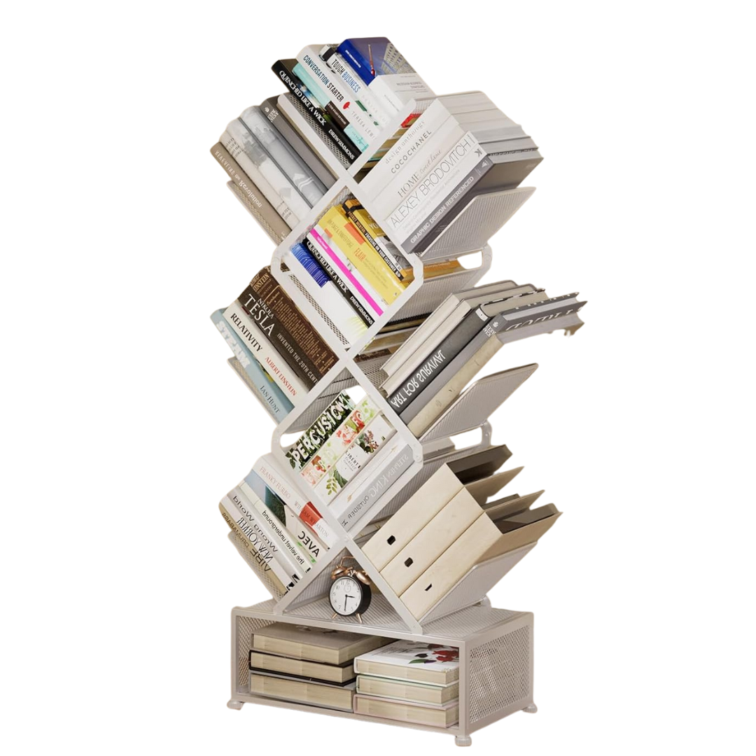 6 Tier Foldable Metal Bookshelf with Storage Cabinet