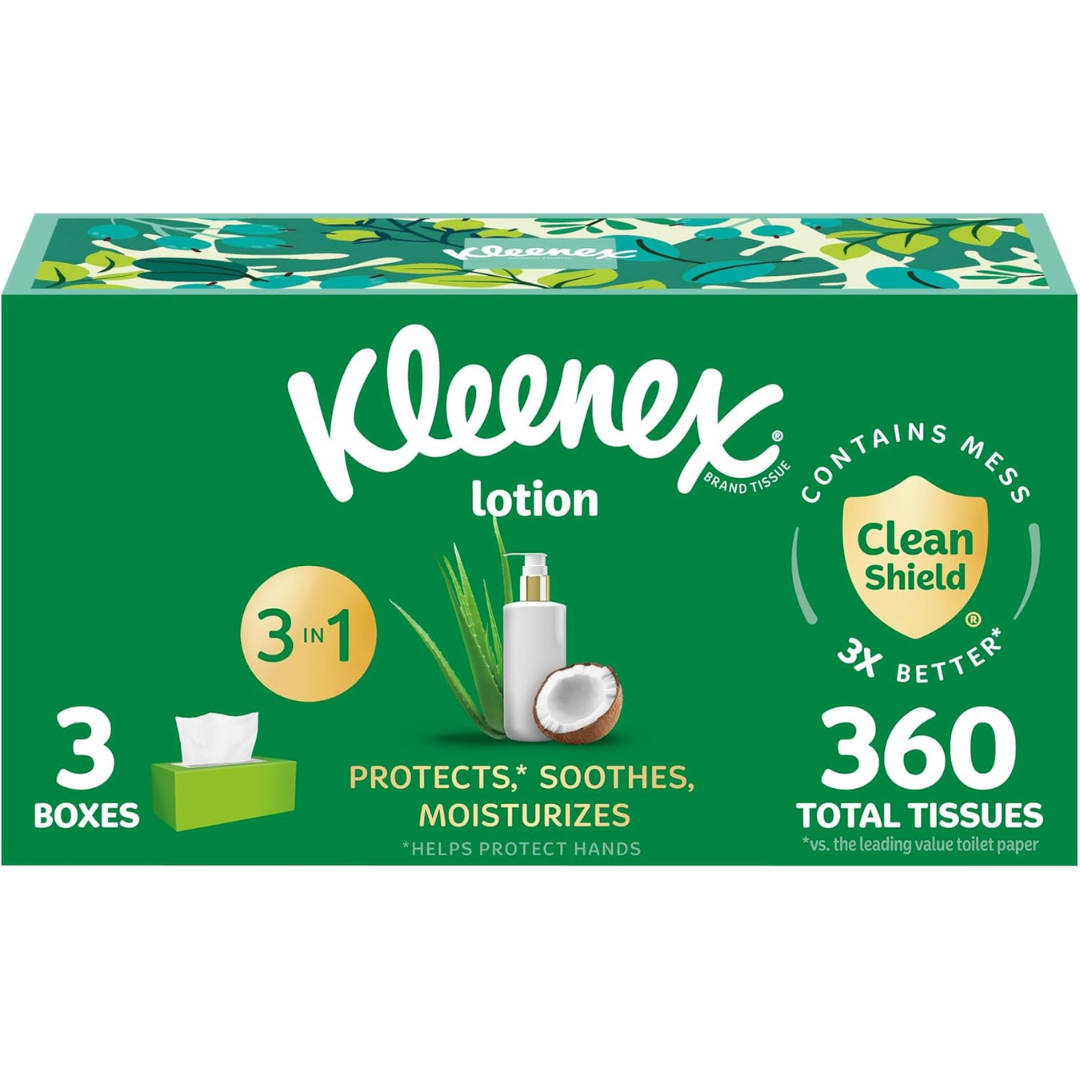 360-Count (3x 120ct) Kleenex 3-In-1 Soothing Lotion Facial Tissues Box