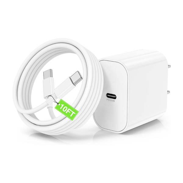 20W USB-C Fast Charger Adapter w/ 10ft USB-C to USB-C Cable