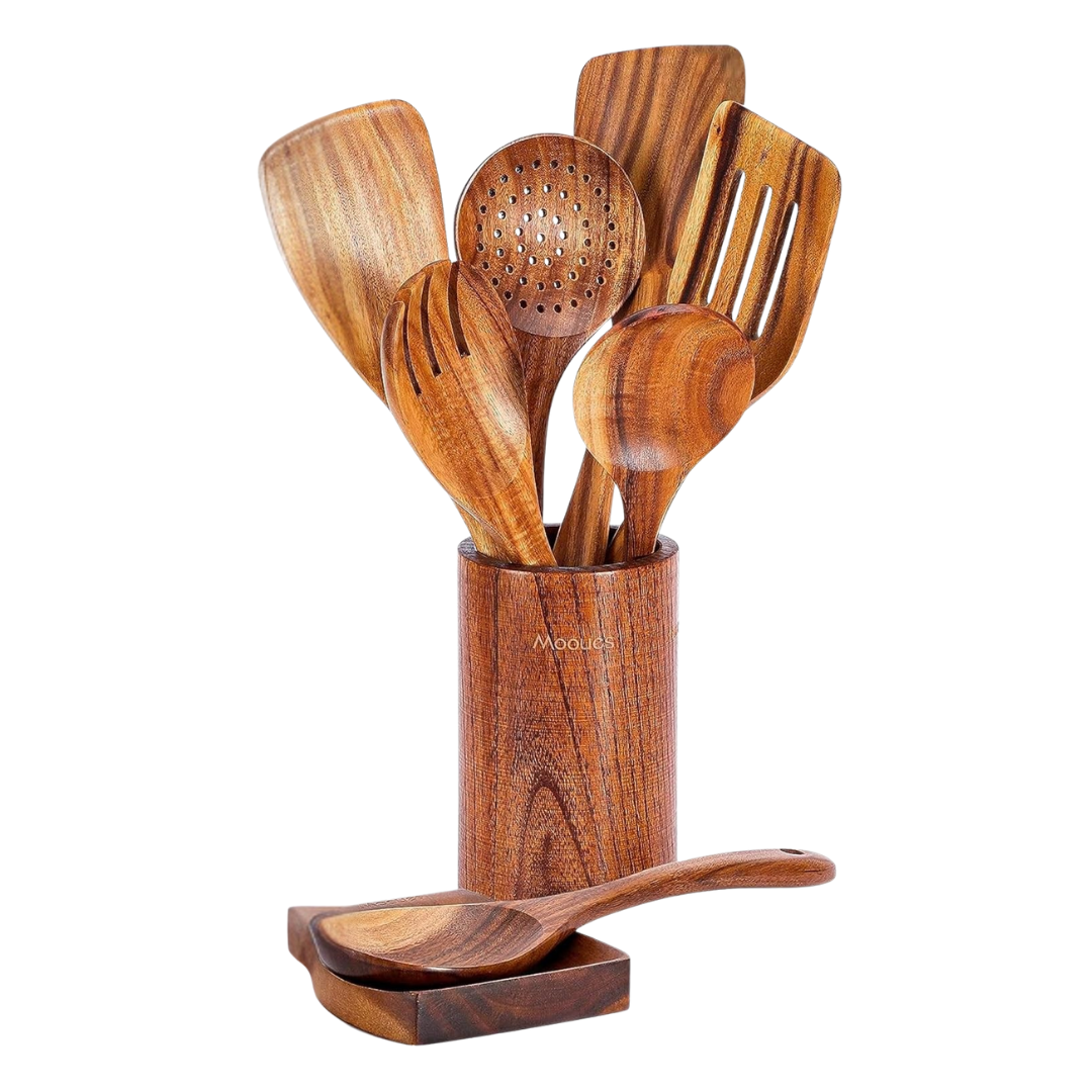 9-Piece Cooking Natural Teak Wooden Kitchen Set