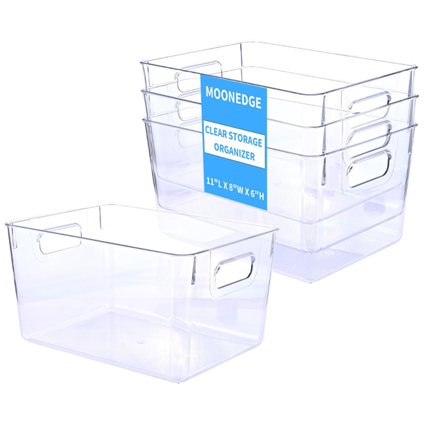4-Pack Stackable Open Clear Plastic Storage Bins (11x8x6 Inch)