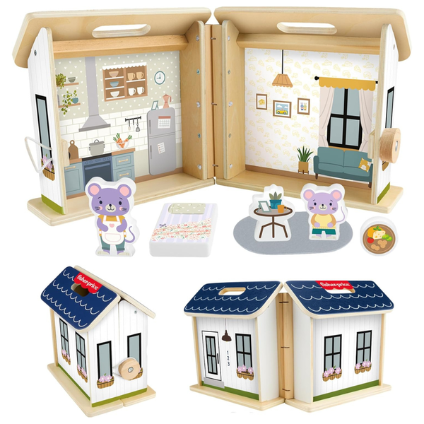 Fisher-Price Wood Pretend Play Toy Dollhouse, 6-Piece Wooden House Playset For Travel
