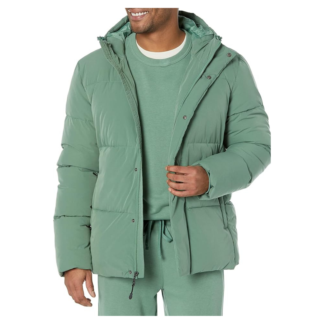 Amazon Essentials Men's Recycled Polyester Mid-Length Hooded Puffer