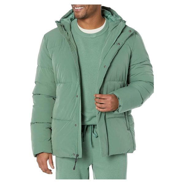 Amazon Essentials Men's Recycled Polyester Mid-Length Hooded Puffer
