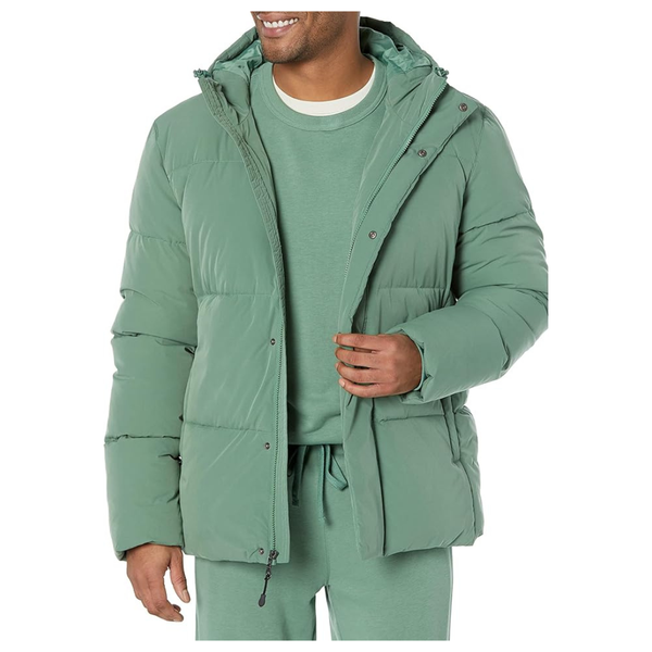 Amazon Essentials Men's Recycled Polyester Mid-Length Hooded Puffer