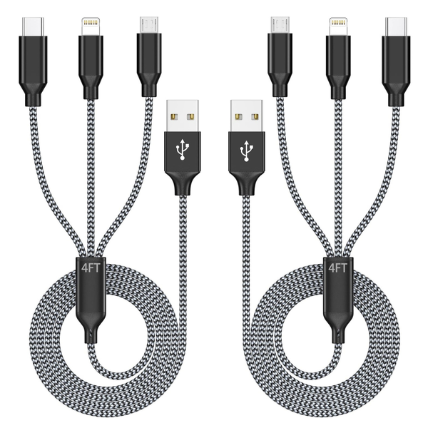 2-Pack 4ft 3-in-1 USB To USB-C/Micro/Lightning Charging Cable