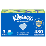 Kleenex Trusted Care Facial Tissues (3 Flat Boxes, 160 Tissues per Box = 480 Total)
