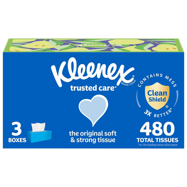 Kleenex Trusted Care Facial Tissues (3 Flat Boxes, 160 Tissues per Box = 480 Total)