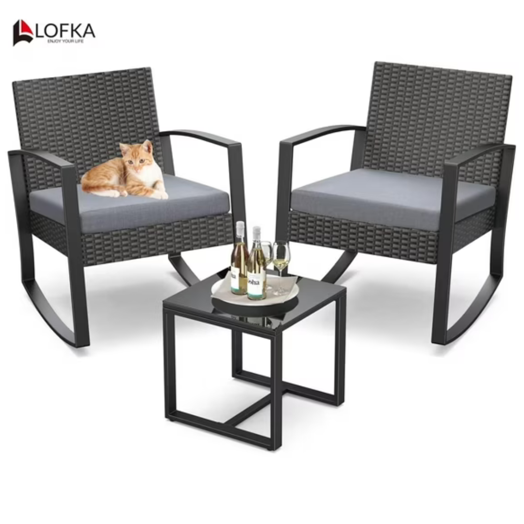 3-Piece Lofka Rocking Chairs Patio Furniture Set w/ Table & Cushions