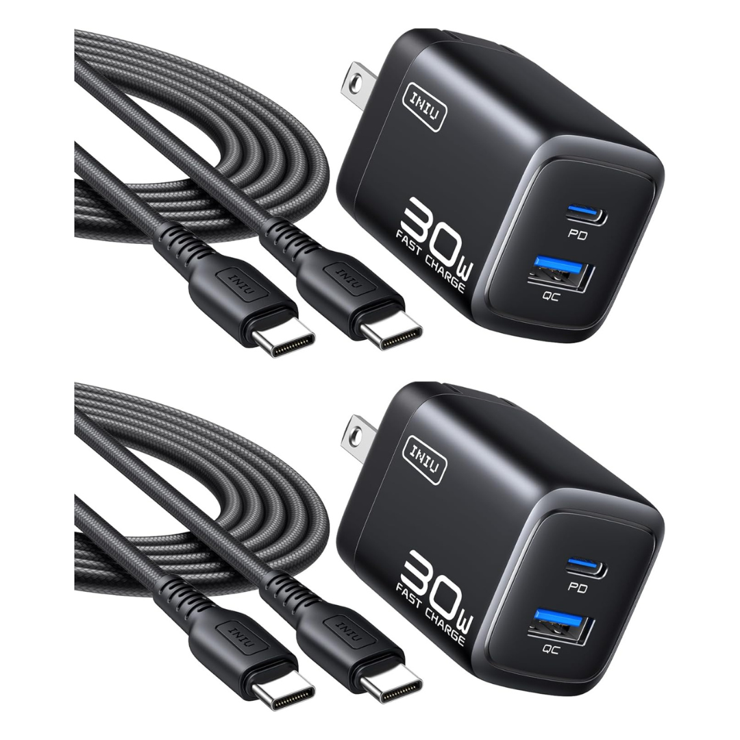 2-Pack 30W INIU 2-Port PD USB-C & USB-A Wall Charger W/ 5-Ft Cable