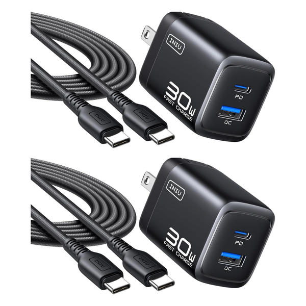 2-Pack 30W INIU 2-Port PD USB-C & USB-A Wall Charger W/ 5-Ft Cable