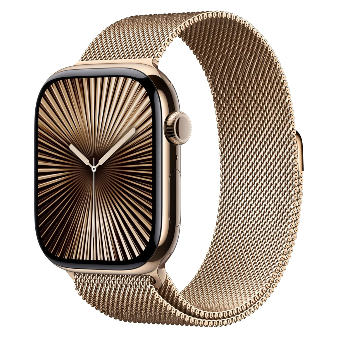 Apple Watch Series 10 [GPS + Cellular 46mm Case] Smartwatch With Gold Titanium Case With Gold Milanese Loop