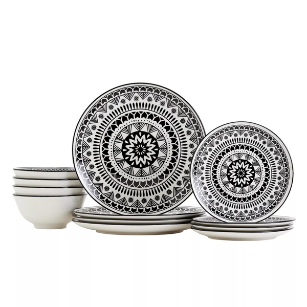 12-Piece Tabletops Unlimited TTU Gallery Black Pad Print Dinnerware Set