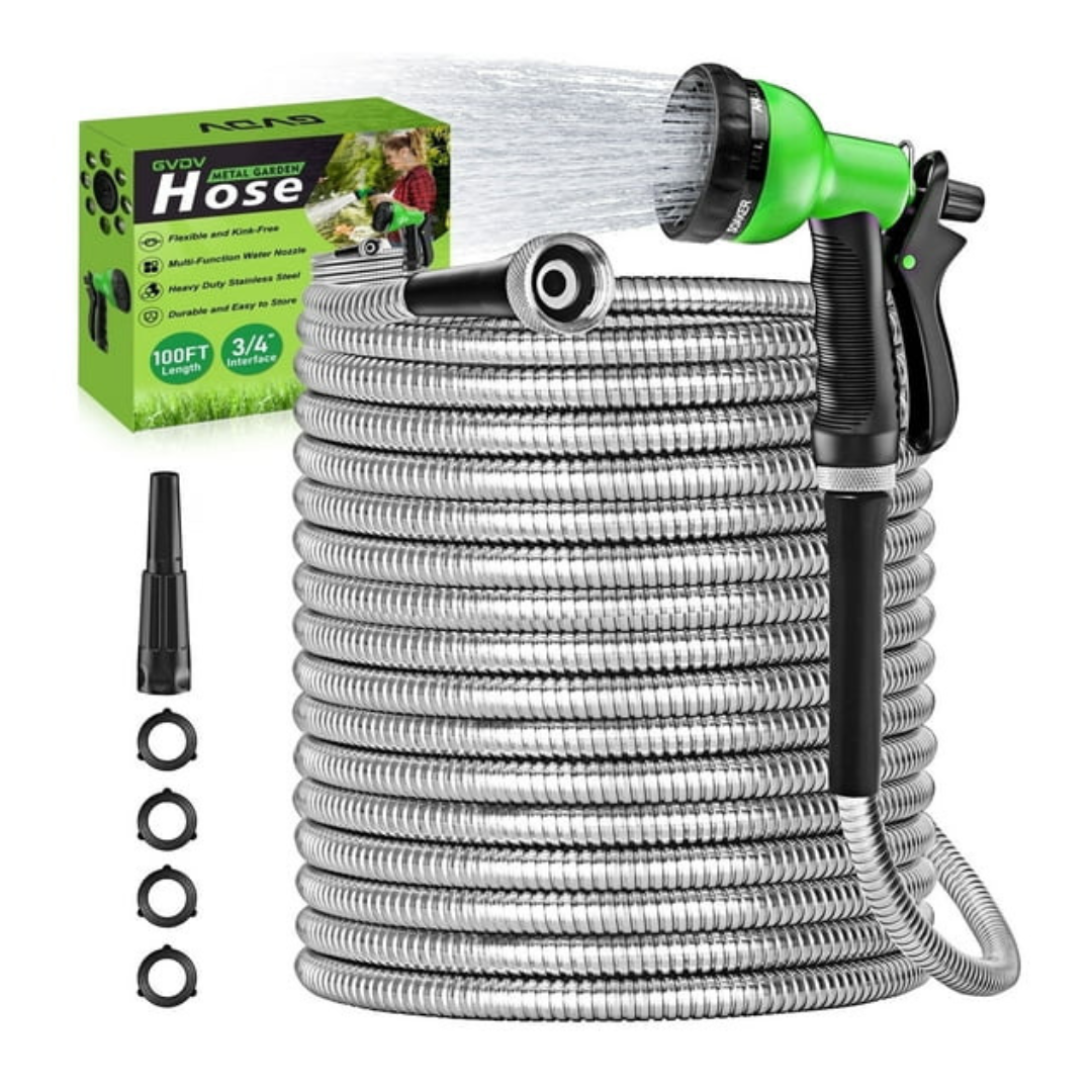 GVDV Metal 3/4" x 100' Garden Hose W/ Spray Nozzle