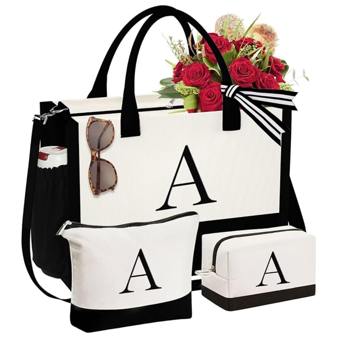 Women's Initial Canvas Tote Bag & Makeup Bag With Zipper (Various)