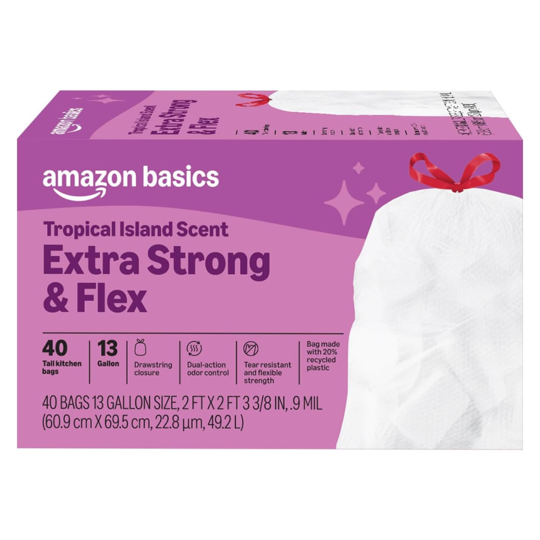 40-Count Amazon Basics Extra Strong & Flex Tall Kitchen Drawstring Trash Bags (13 Gallon)