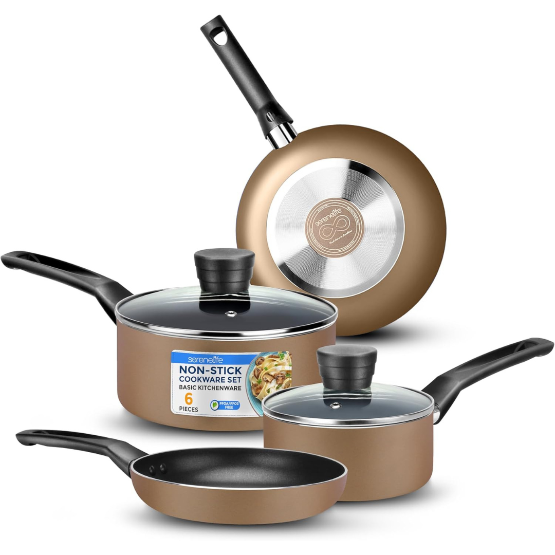 6-Piece SereneLife Nonstick Pots and Pans Set with with Lids