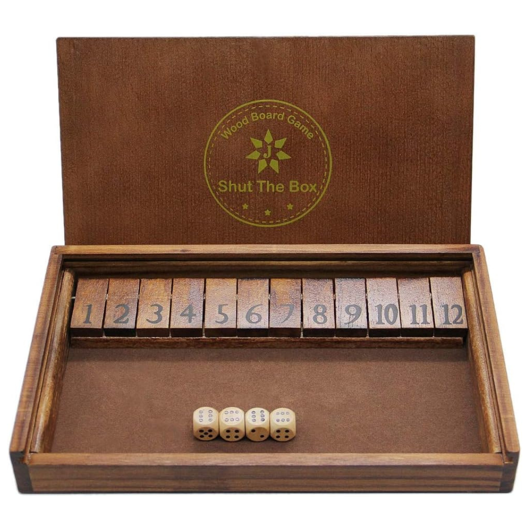 Juegoal Shut The Box Wooden Board Dice Game With 12 Numbers And Lid