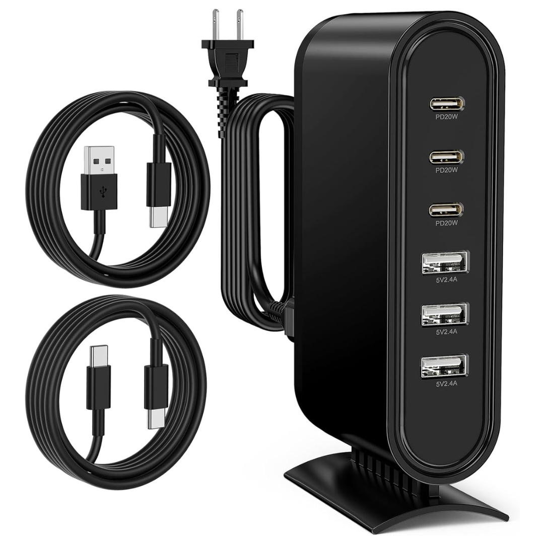 96W Six Port USB C Multi Charger Station With Cables