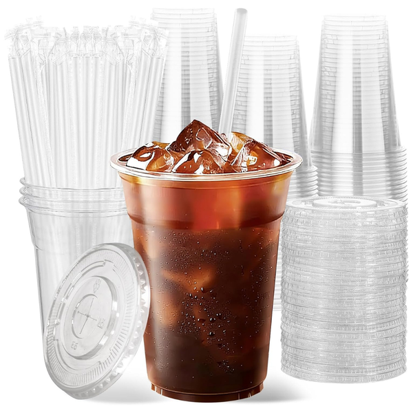 100-Count 16oz Clear Plastic Cups With Lids And Straws