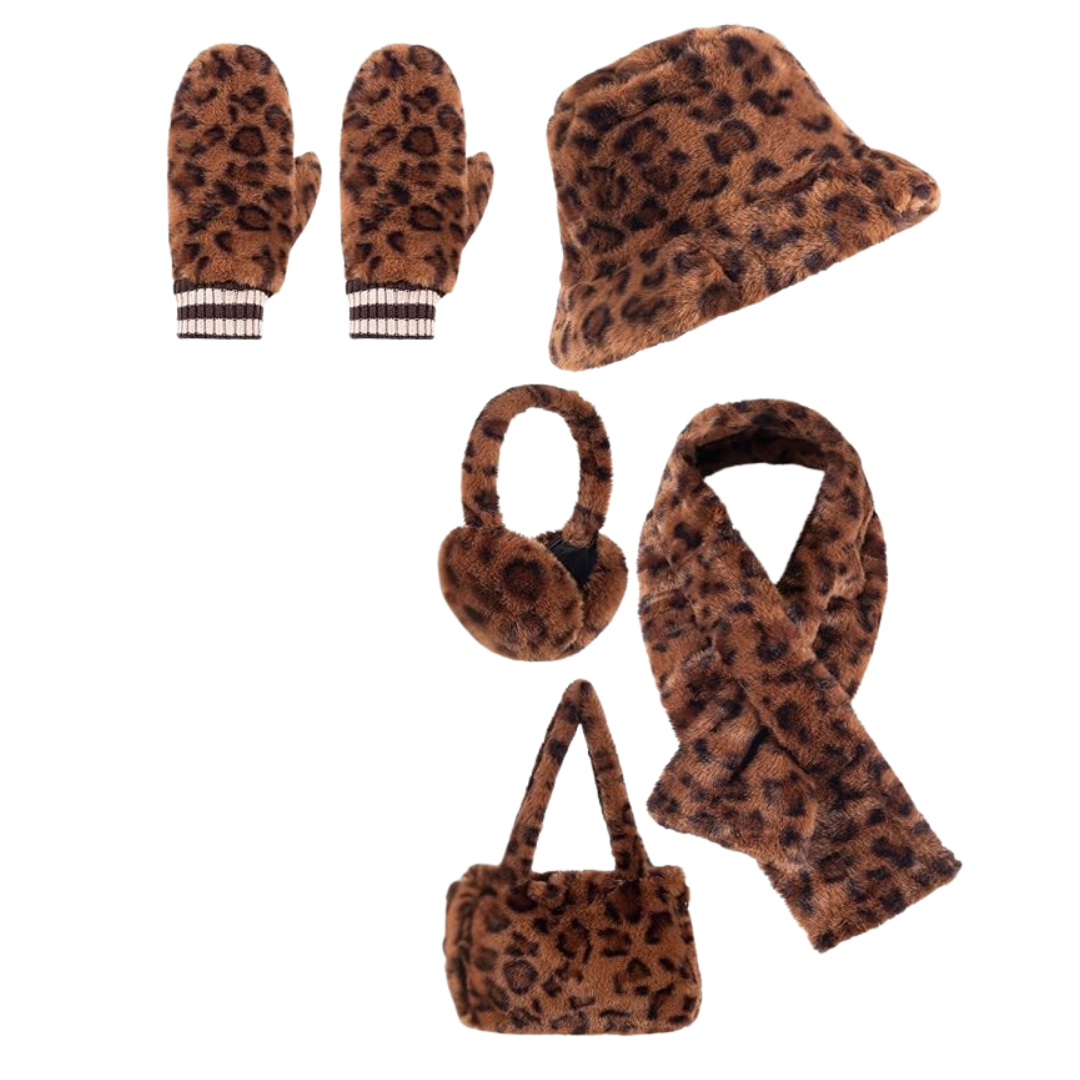 5-Piece Women's Faux Fur Winter Bucket Hat & Glove Set (2 Colors)