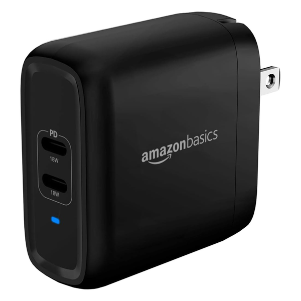 Amazon Basics 36W Two-Port USB-C Wall Charger (18W per Port) With Power Delivery PD For Tablets & Phones
