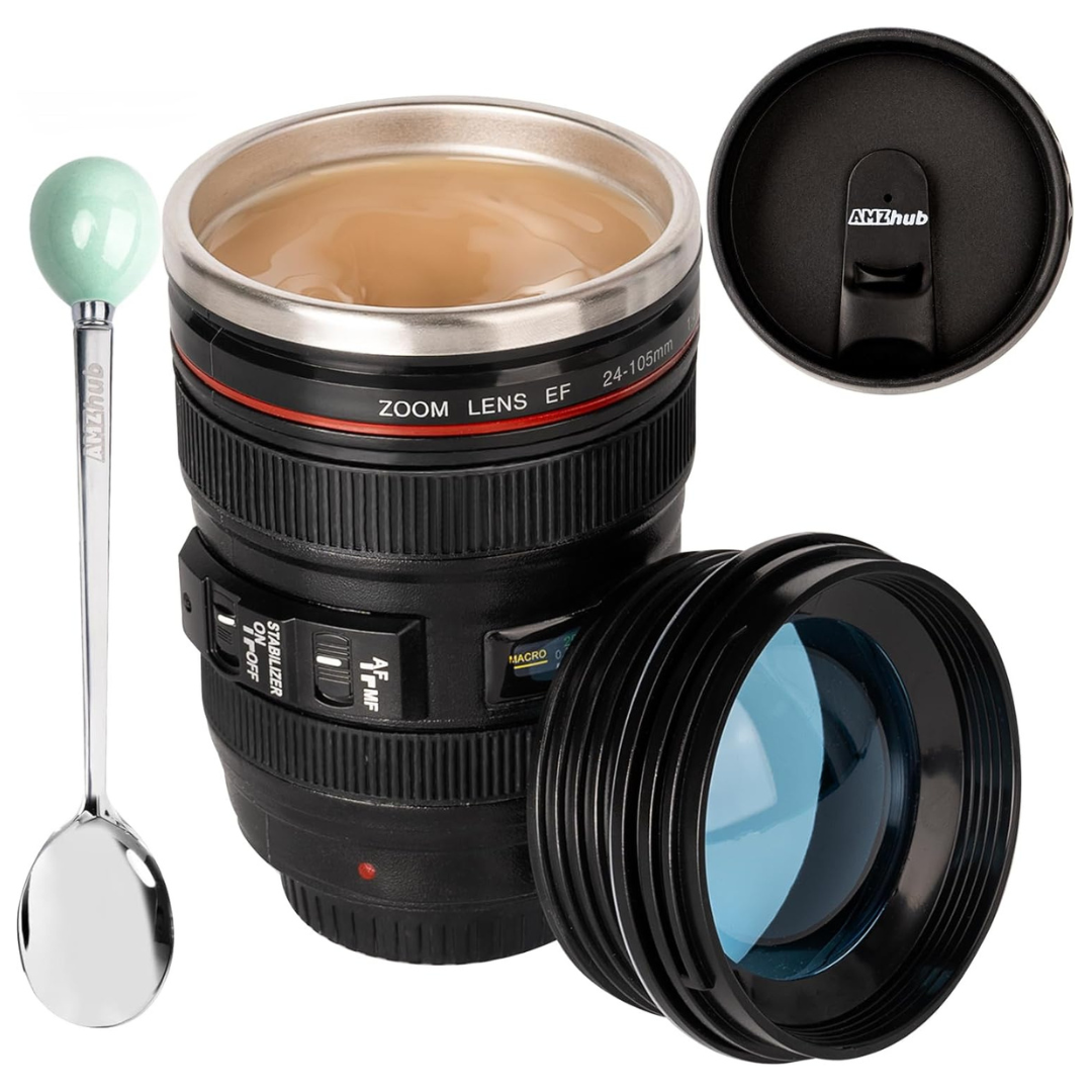 Amzhub Camera Lens Stainless Steel Coffee Mug With Lid And Spoon