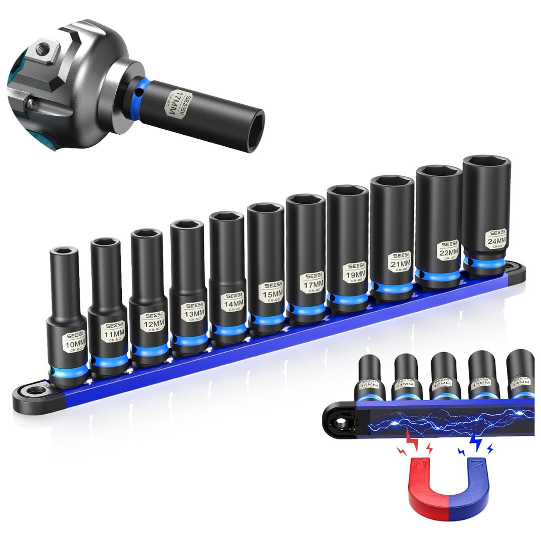 11-Piece Seesii 1/2 Drive CR-MO Deep Impact Socket Set