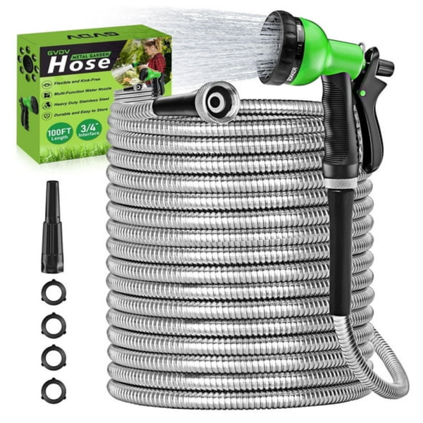 GVDV Metal 3/4" x 100' Garden Hose W/ Spray Nozzle