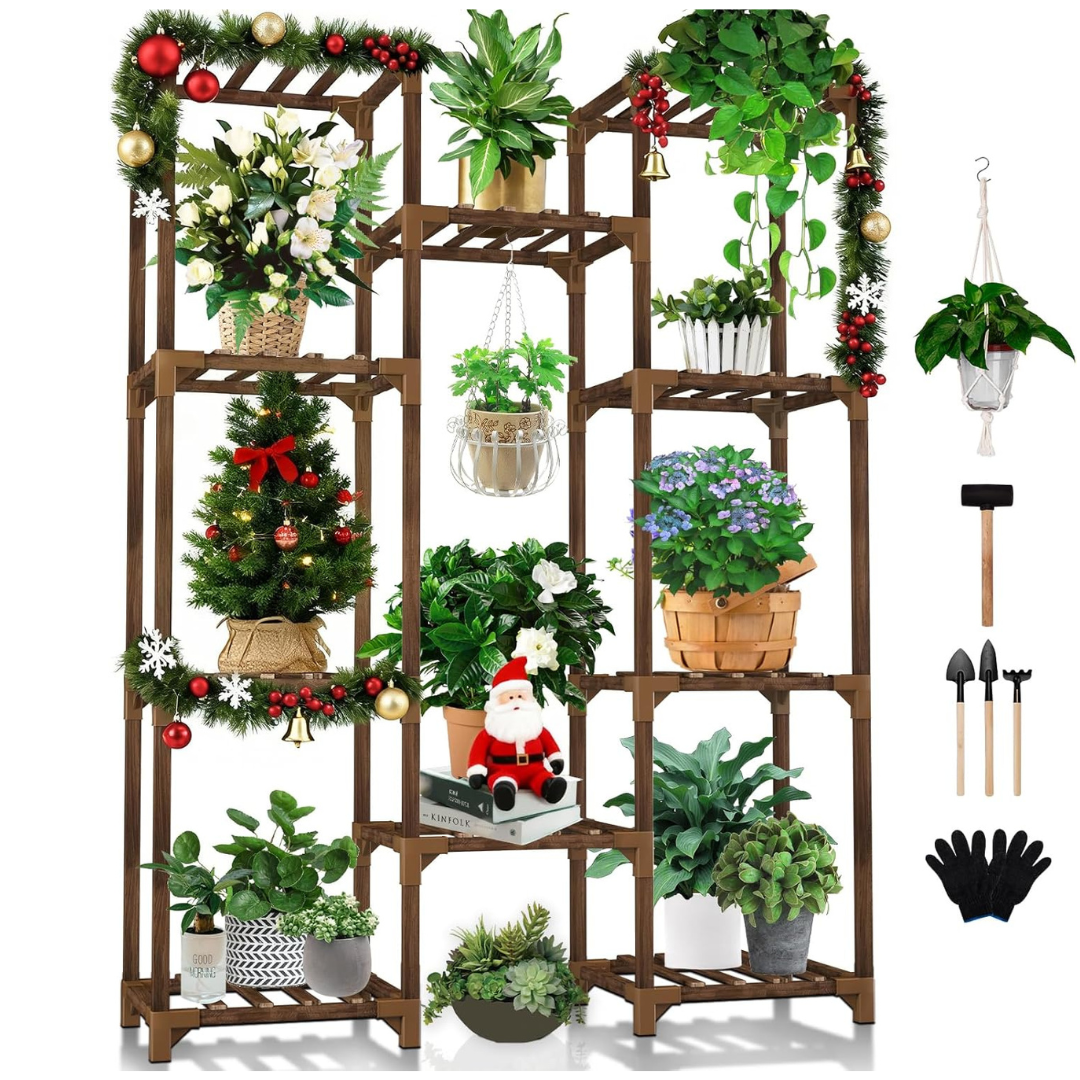 Wood 10-Tiers 11-Pot Plant Holder Shelf