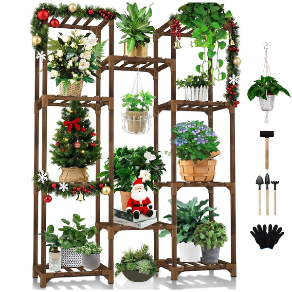 Wood 10-Tiers 11-Pot Plant Holder Shelf