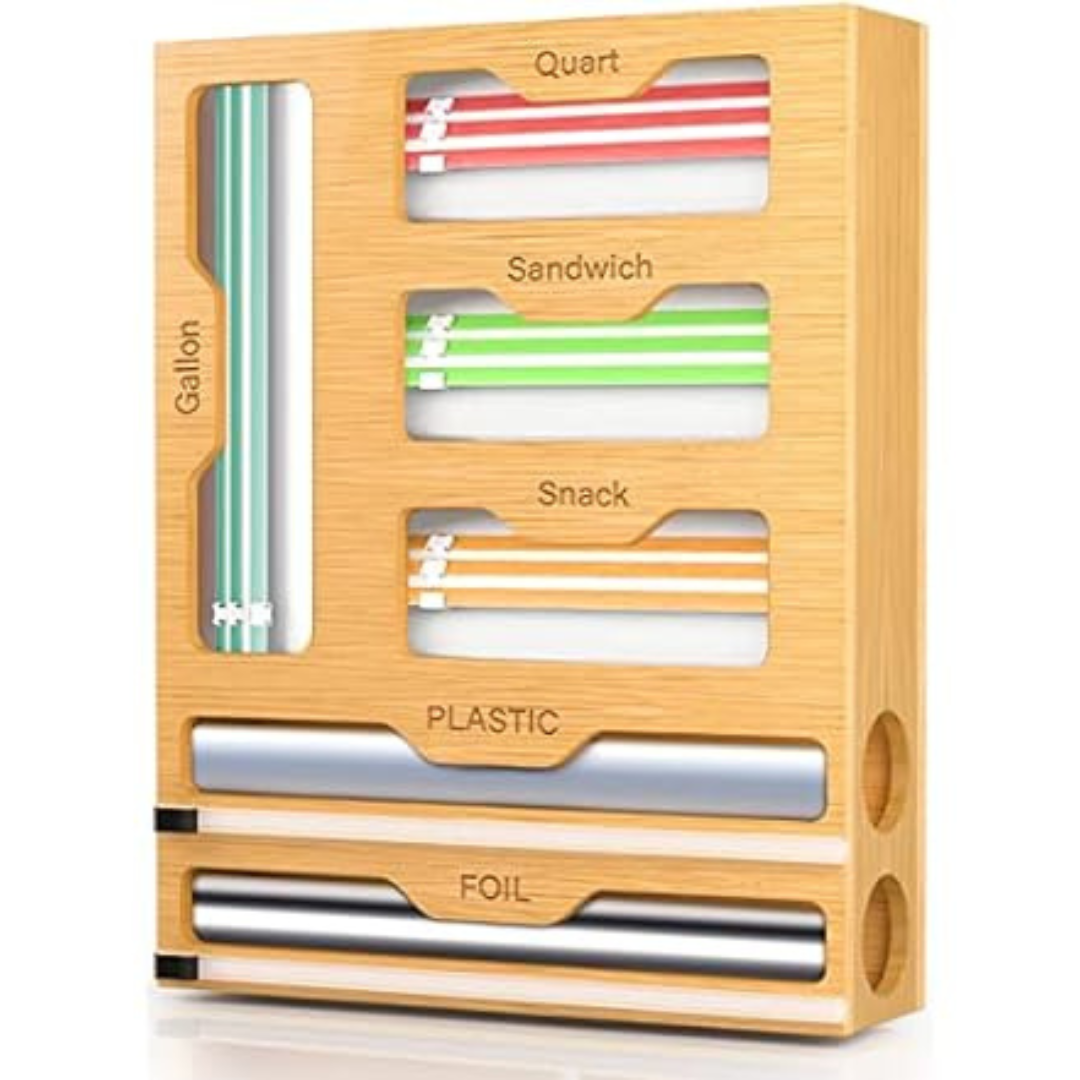 Bag Organizer and Plastic Wrap Dispenser with Cutter