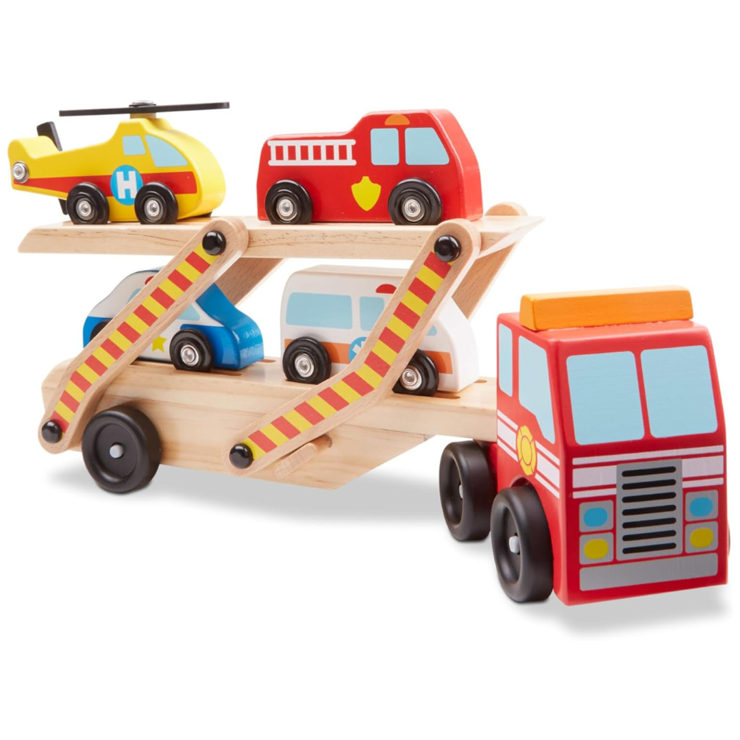 Melissa & Doug Emergency Vehicle Carrier Wooden Truck W/ 4 Rescue Vehicles