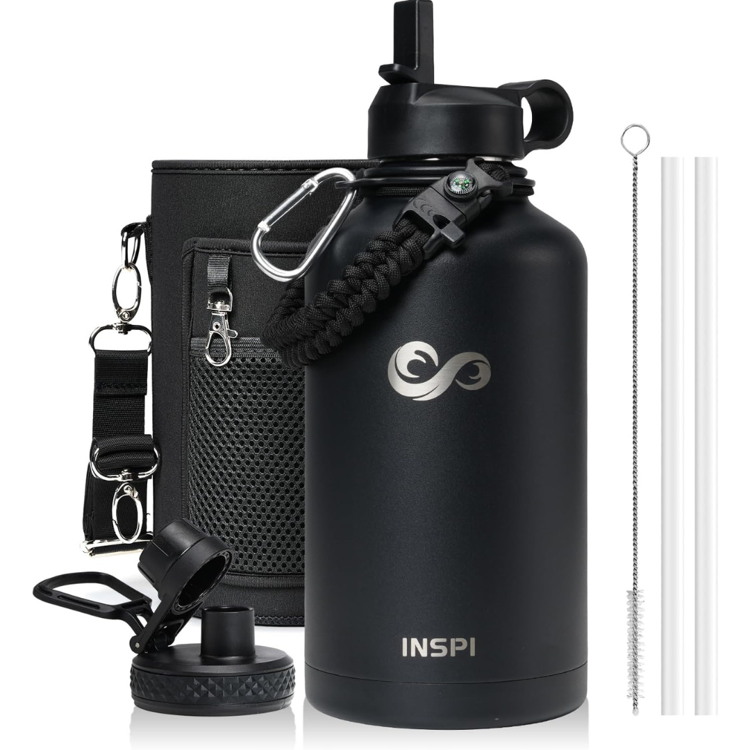 64oz Half Gallon Insulated Water Bottle with Straw & 2 Lids