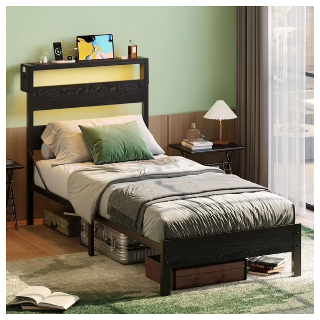 Bestier Platform Metal Bed Frame With Storage Headboard
