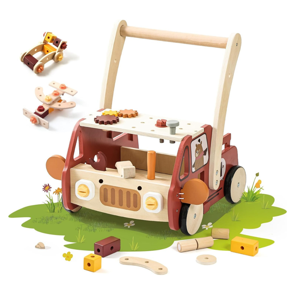 Oessuf 2-in-1 Wooden Baby Push Walker With 40-Piece Tool Toys