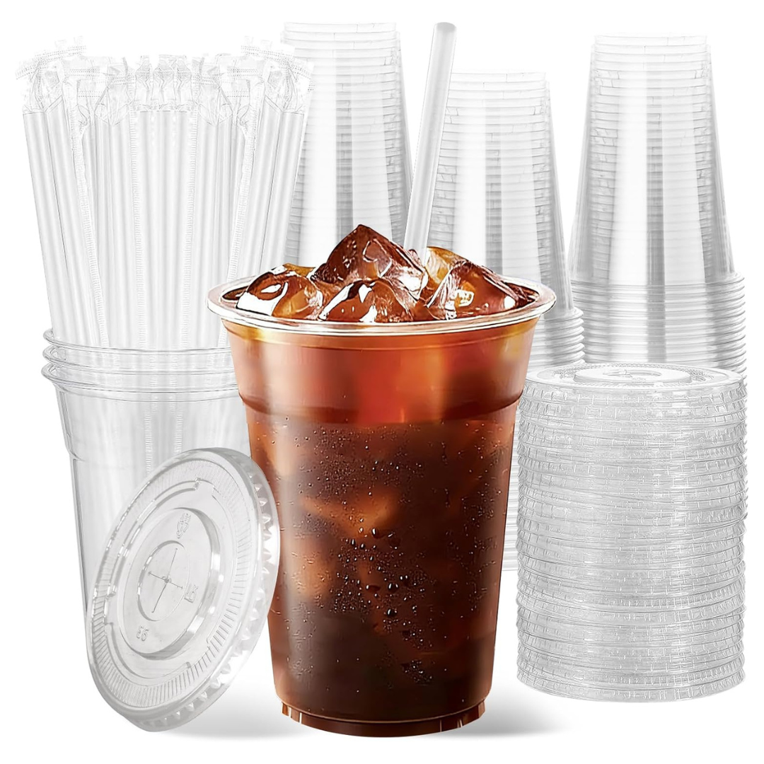 100-Count 16oz Clear Plastic Cups With Lids And Straws