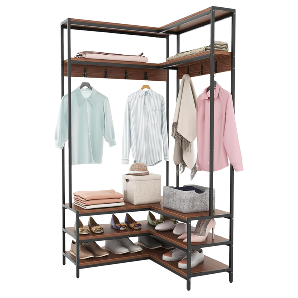 5 Shelves Corner L-Shaped Garment Coat Rack W/ Shoe Bench