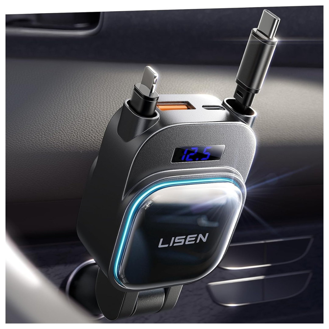 Lisen 96W 4-Port USB-C Retractable Car Charger