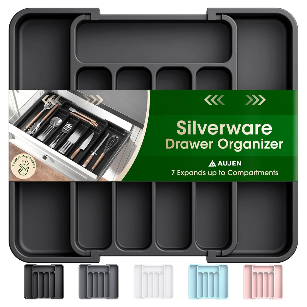Aujen Expandable Silverware Organizer For Kitchen Drawer (Medium, Black)