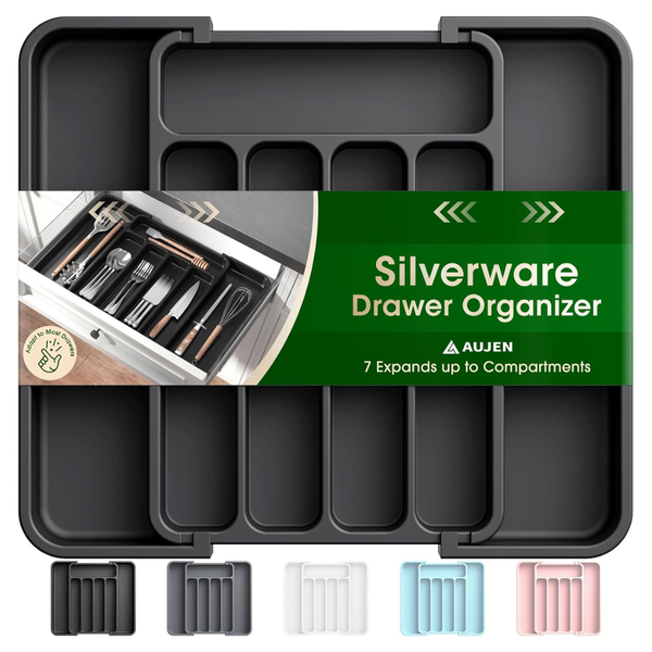 Aujen Expandable Silverware Organizer For Kitchen Drawer (Medium, Black)