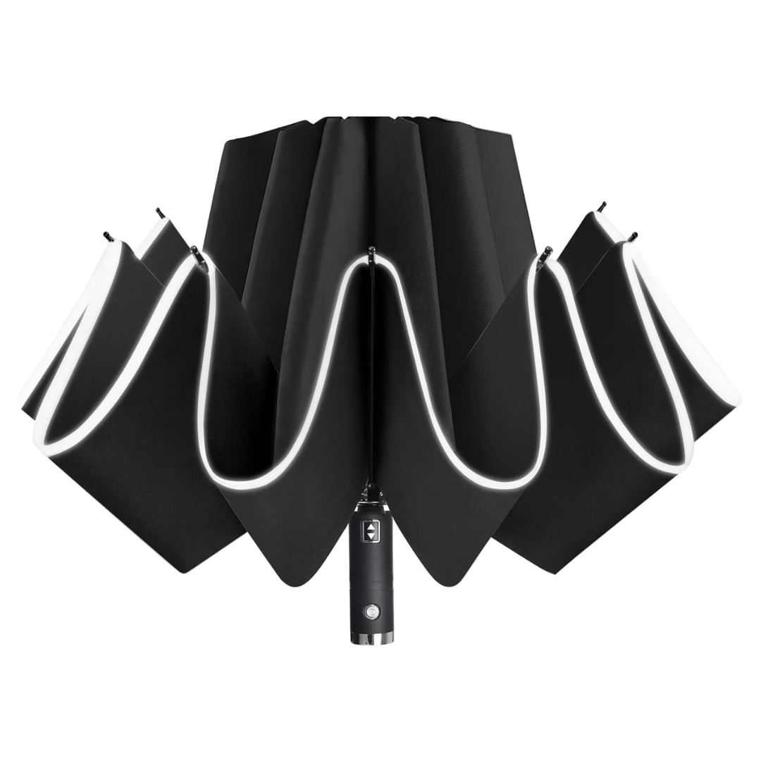 Lejorain 46" Reflective Rim Folding Reverse LED Flashlight Rain Umbrella