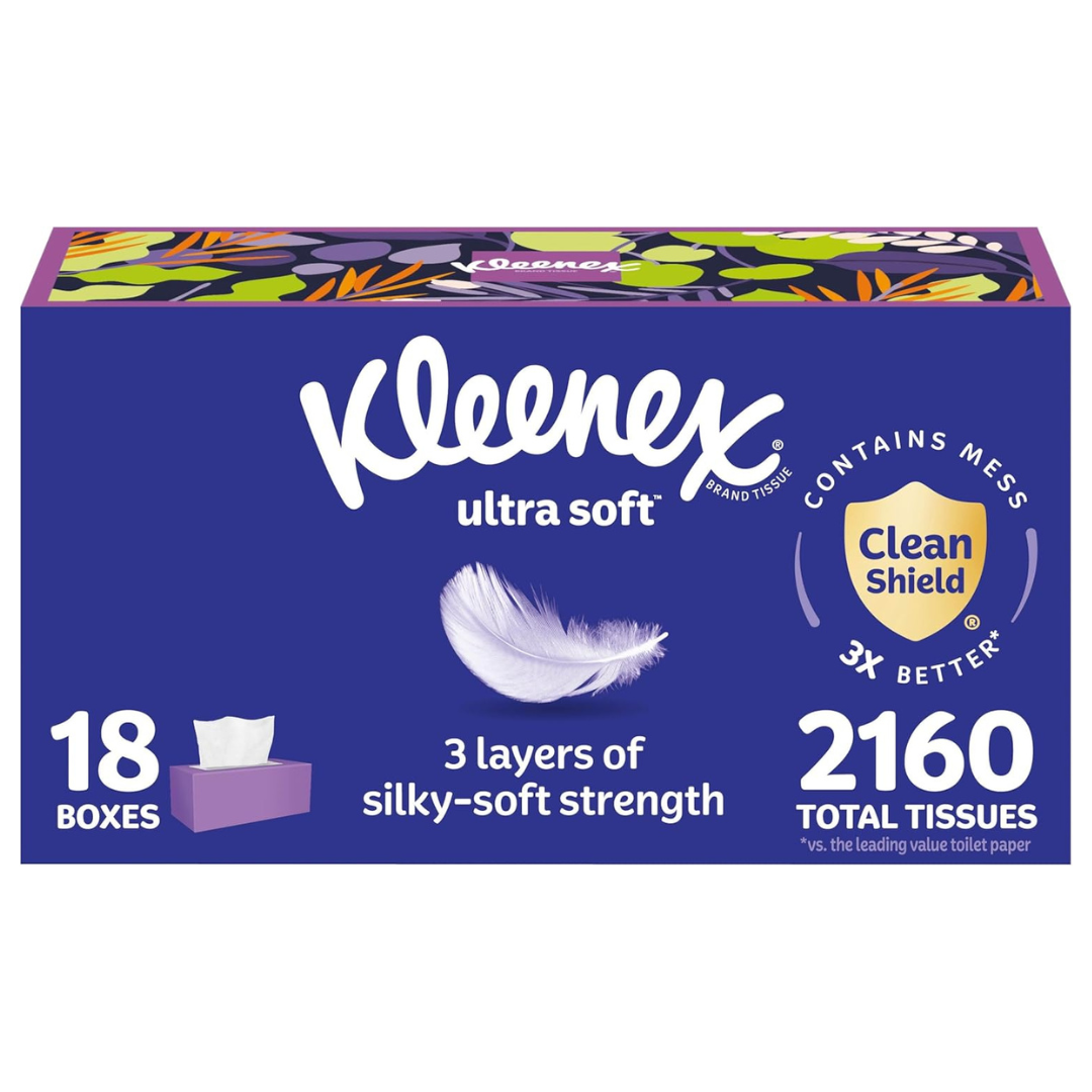 18-Pack Kleenex 3-Ply Ultra Soft Facial Tissues, 120 Tissues Per Box